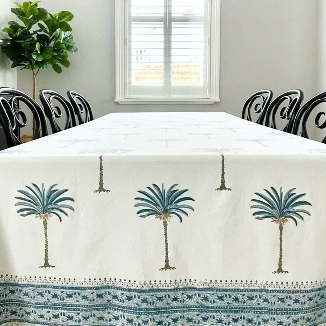 Tropical Table setting - Block printed Blue Palm tablecloth