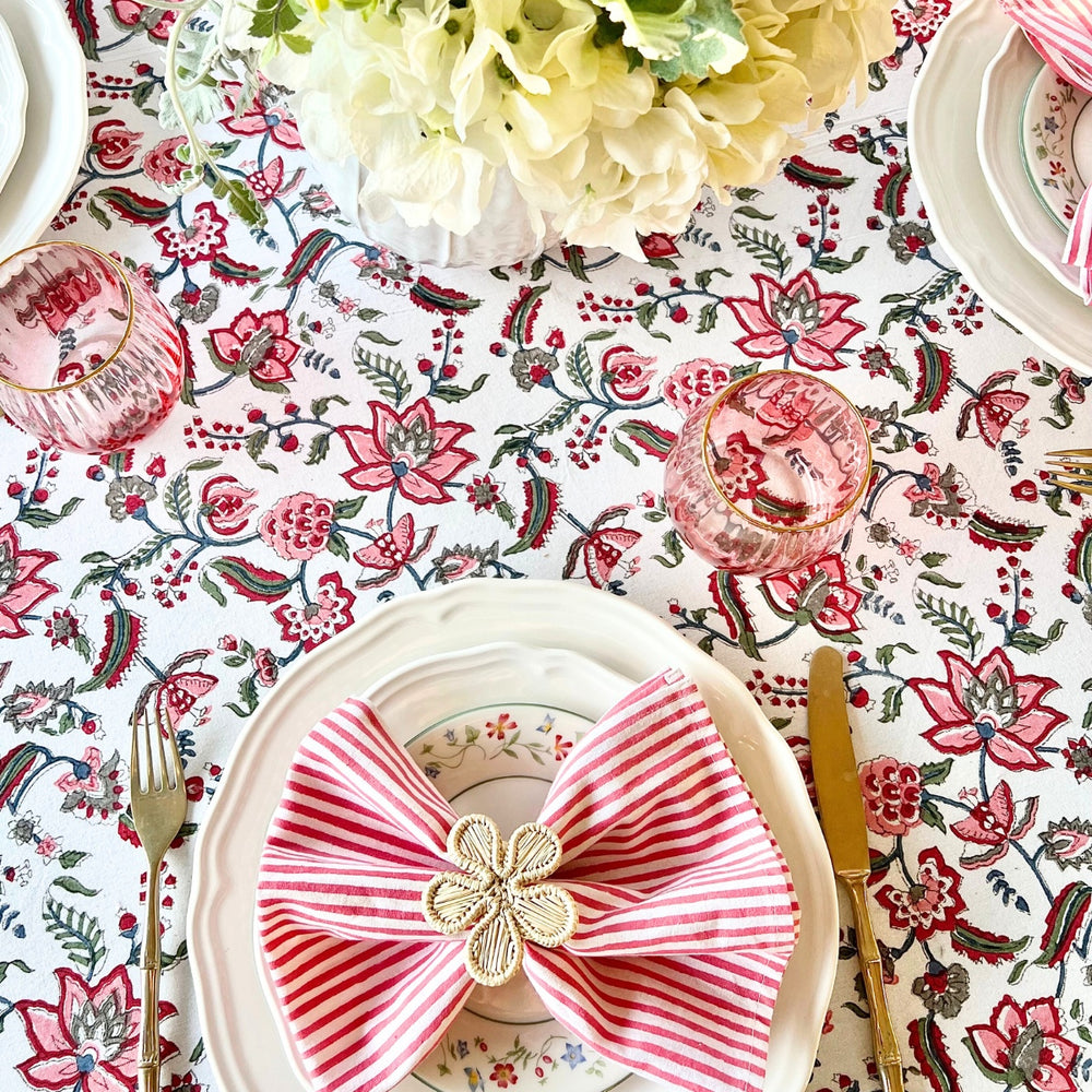 Red green holiday round tablecloth hand block printed on pure cotton
