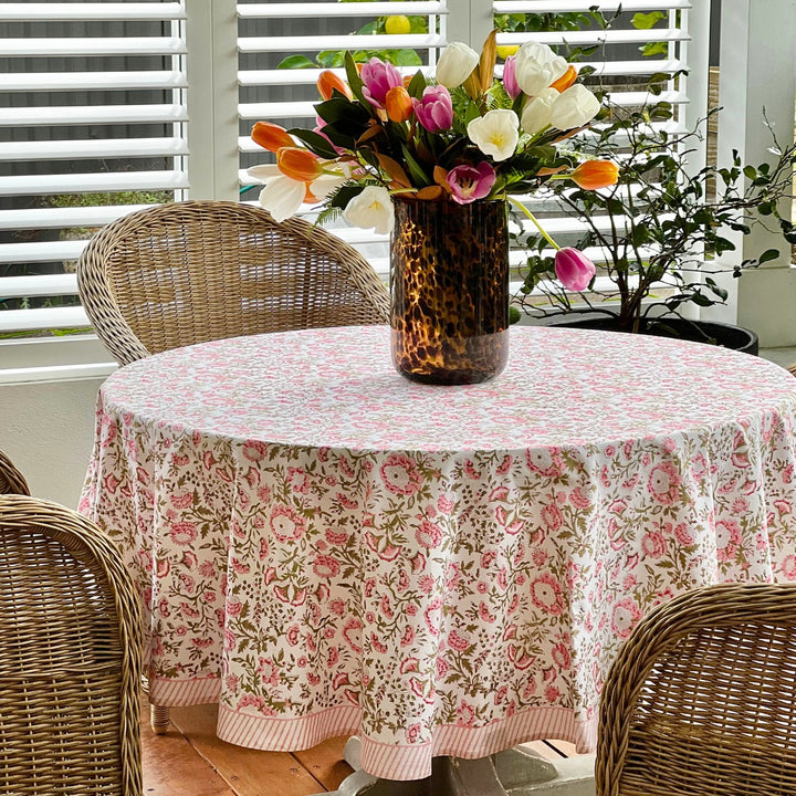 Beatrice pink and green round tablecloth