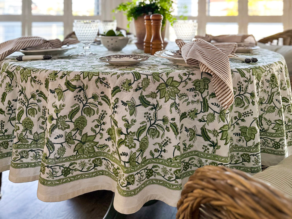Indian chintz floral pattern in monochrome green colors hand block printed on premium cotton by master craftsmen