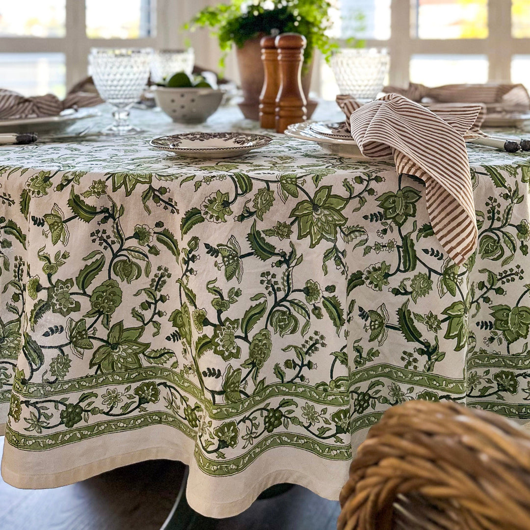 Indian chintz floral pattern in monochrome green colors hand block printed on premium cotton by master craftsmen