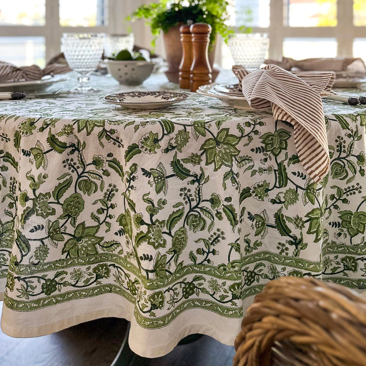Indian chintz floral pattern in monochrome green colors hand block printed on premium cotton by master craftsmen