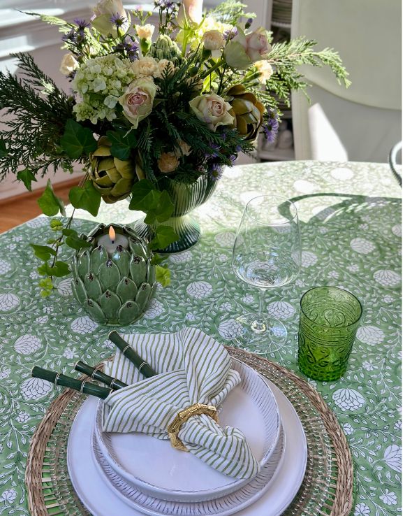 Hand block printed green floral pattern round tablecloth