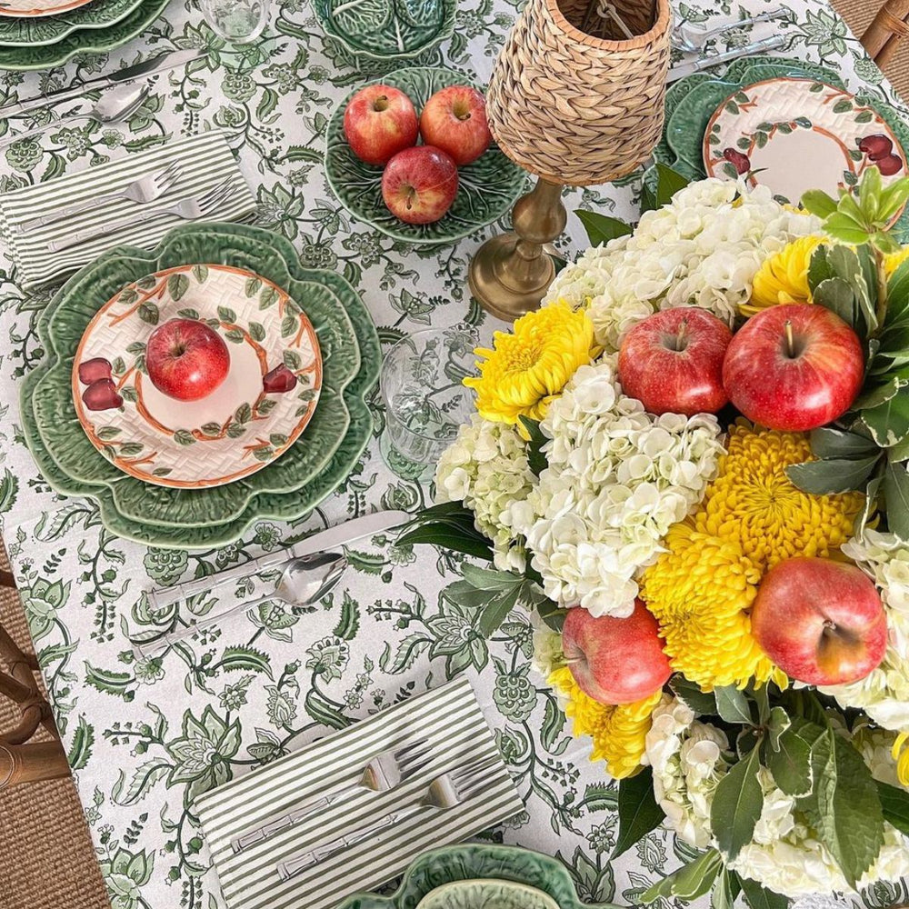 Large rectangular table linen featuring Monochrome hand block printed Green chintz floral pattern   on premium cotton
