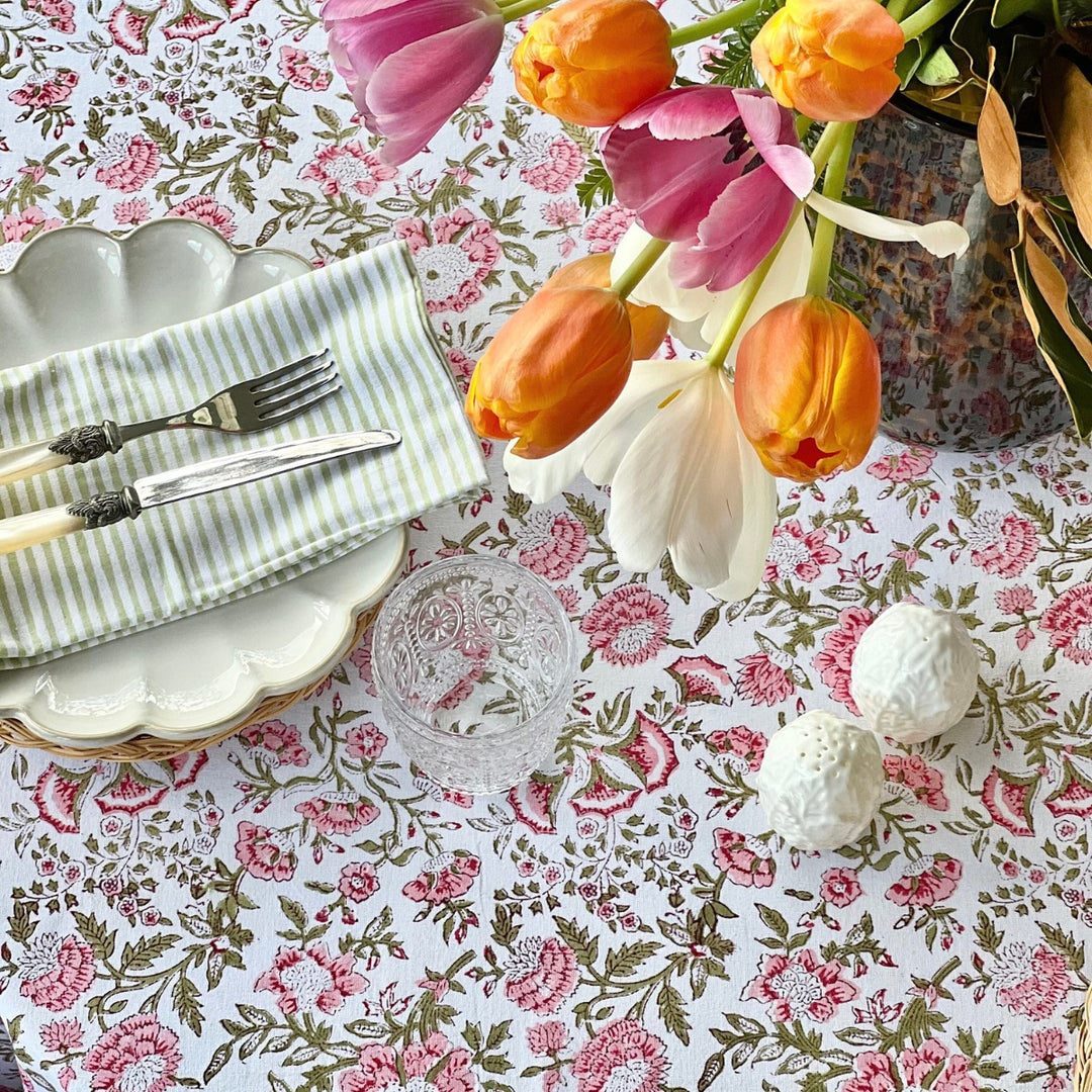 Beatrice pink and green round tablecloth