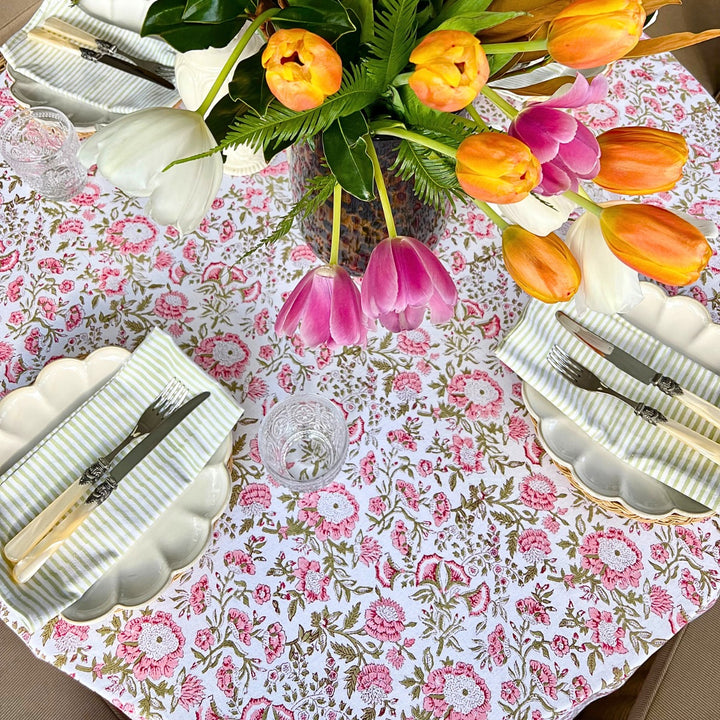 Beatrice pink and green round tablecloth