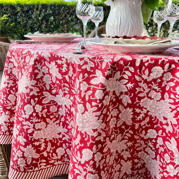 red and white round table cover hand block printed on premium cotton fabric by master craftsmen